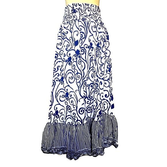Lane Bryant Dresses & Skirts - Women's Kalamkari Floral Blue White Striped Shirred Maxi Skirt, Size 14/16, Embe